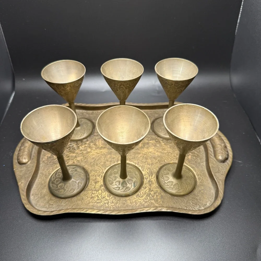 Vintage Brass Shot‎ Glasses Set with Etched Tray Made in India