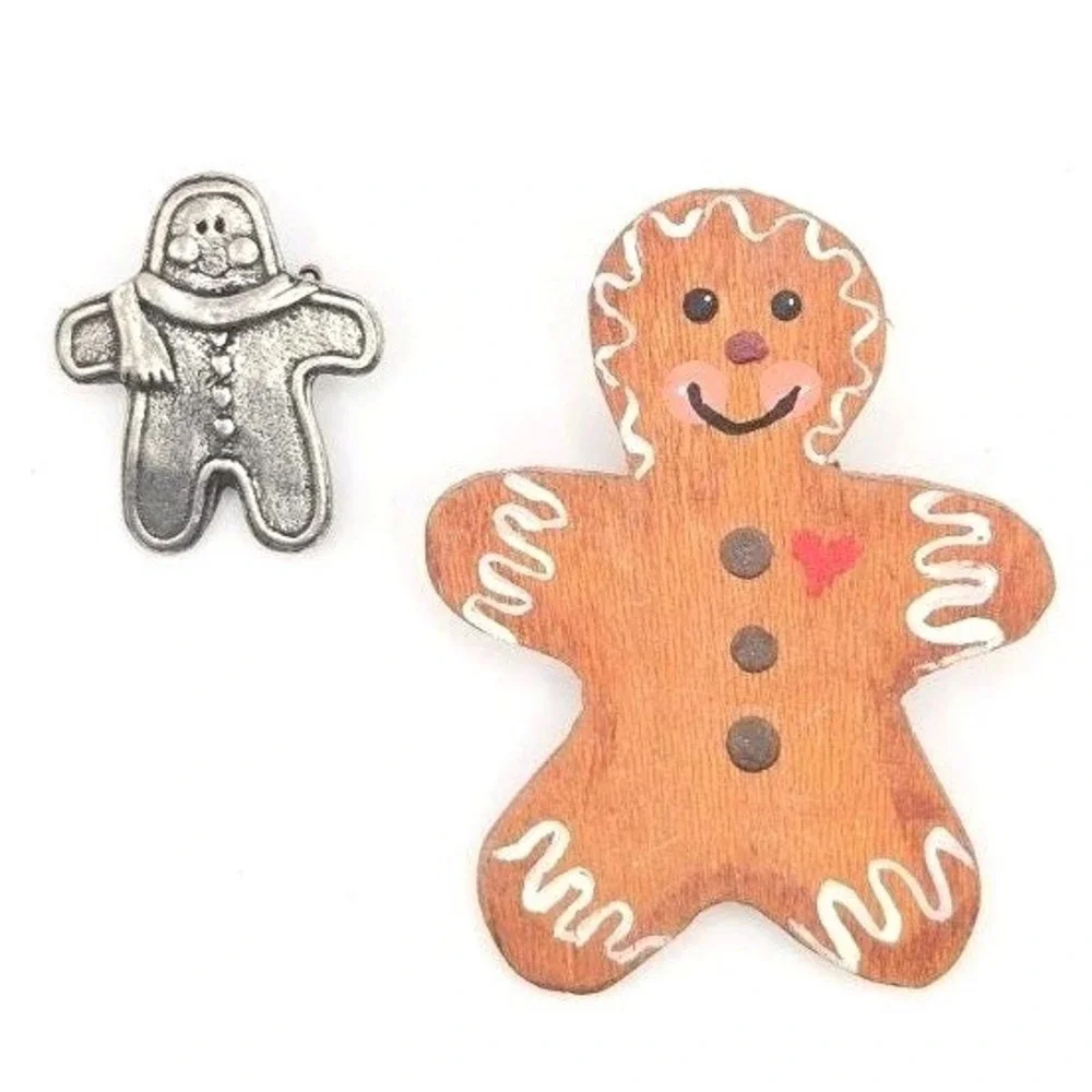 Vintage Gingerbread Brooch Pins 2002 Pewter Quick Cooking and Hand Painted‎ Wood