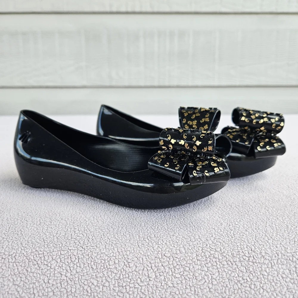 Melissa Mini Mel Ultragirl Sweet XVI Black Gold Jelly Flat Bow Girl SZ 11 Formal