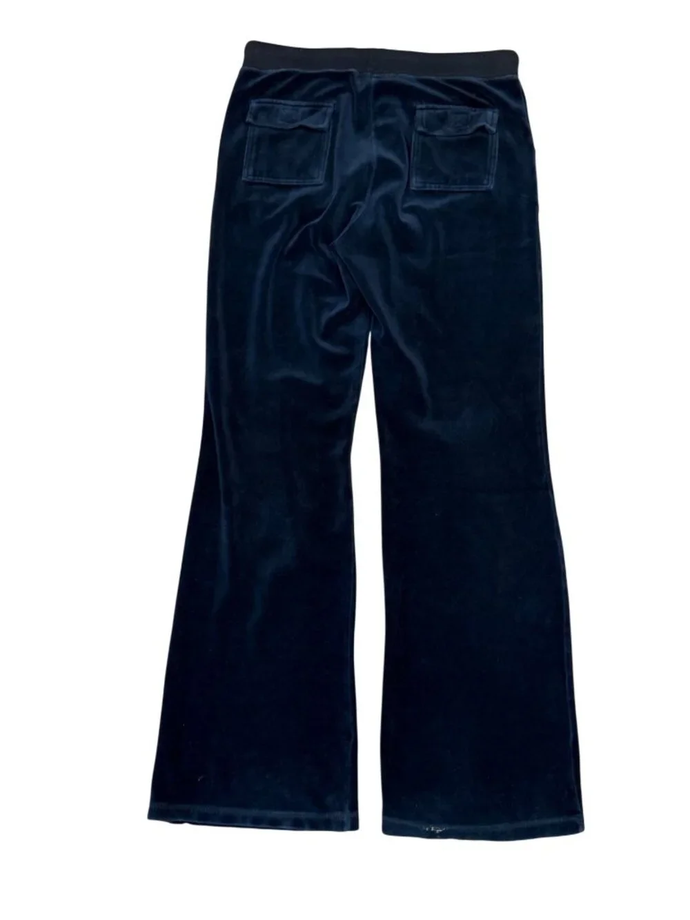 Y2K Bebe Navy Velour Flare Pants Womens Drawstring Waist Rhinestone Logo Back Po