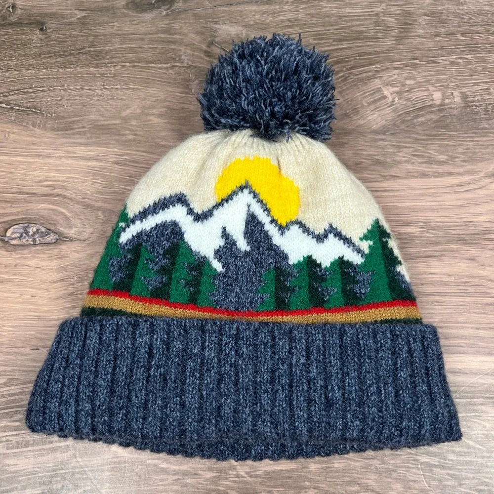 Target Mountain Landscape Knit Pom Beanie Kids One Size Blue Fleece Lined