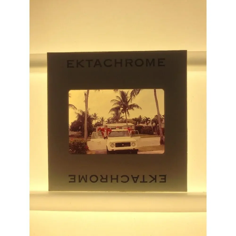 Vintage 1970s Men Red Lifeguards White Truck California Beach Photo Color Slide