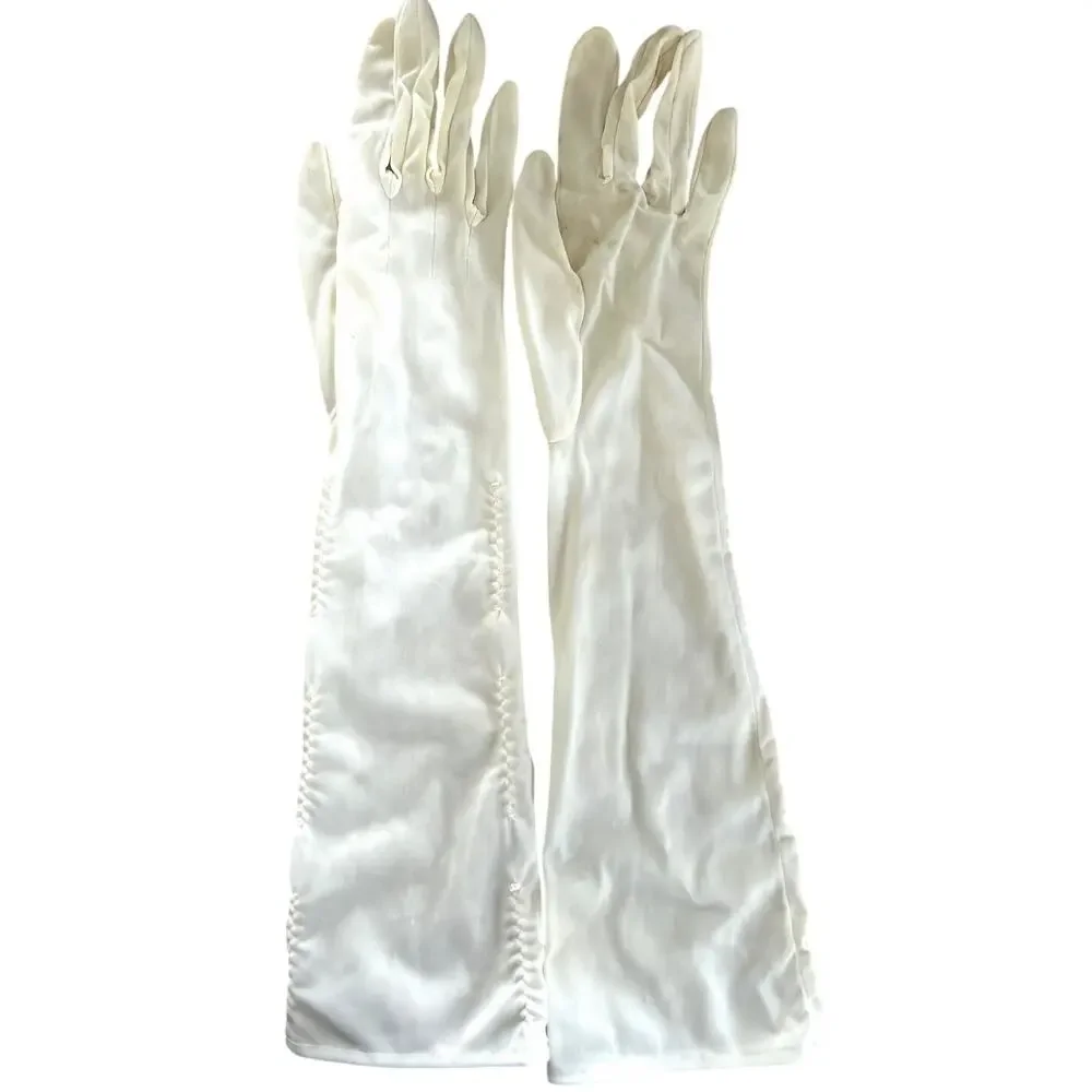 Vintage 50s 60s White Ruched Nylon Opera Gloves Elbow Length