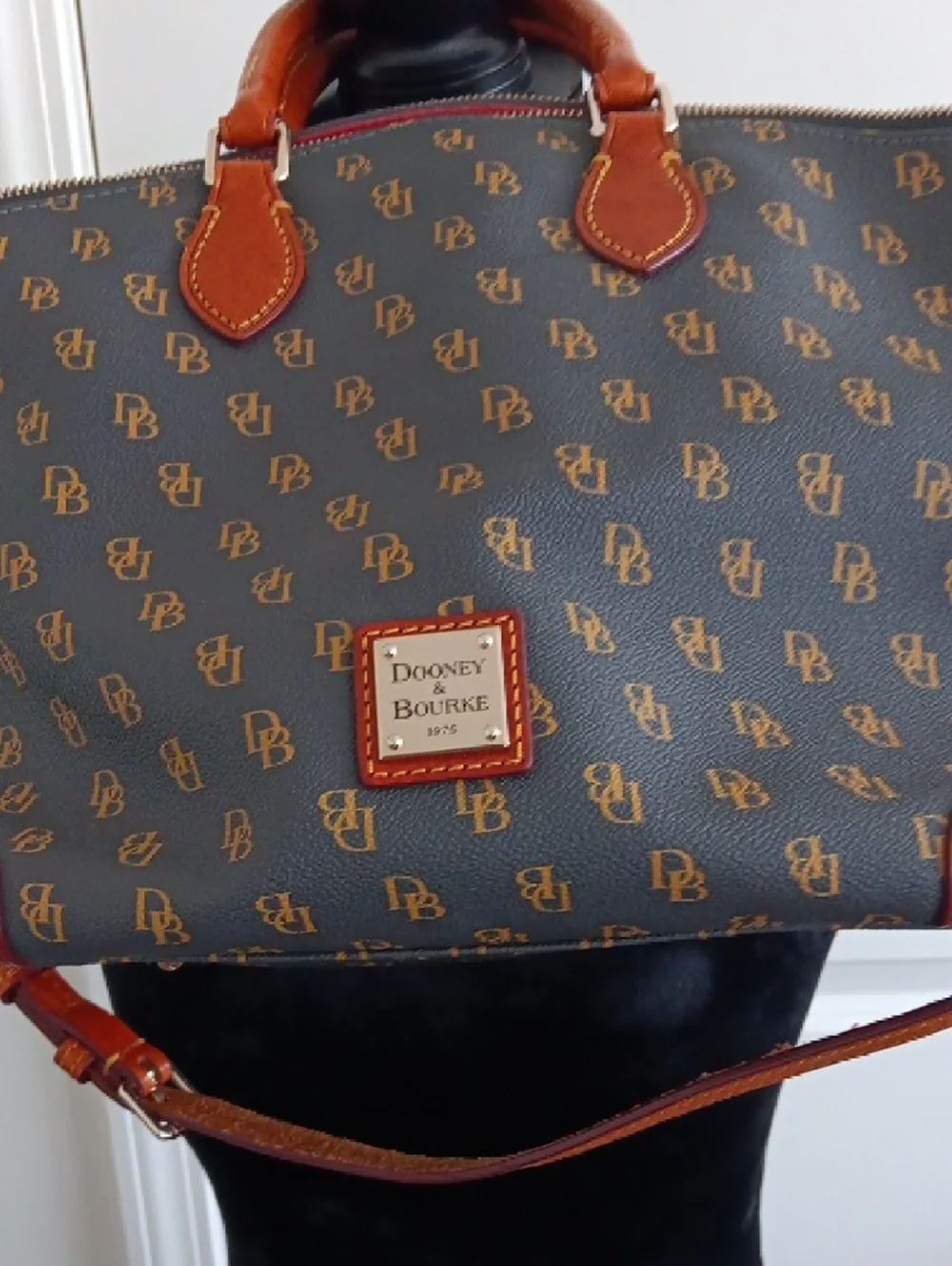 Dooney & Bourke Brown Monogram Handbag with Tan Leather Accents