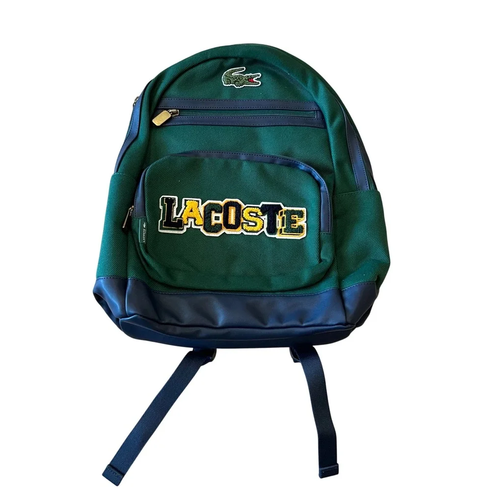 Lacoste‎ Kids Green Navy Blue Varsity Logo Backpack Bag 9A6219-F9W NWT
