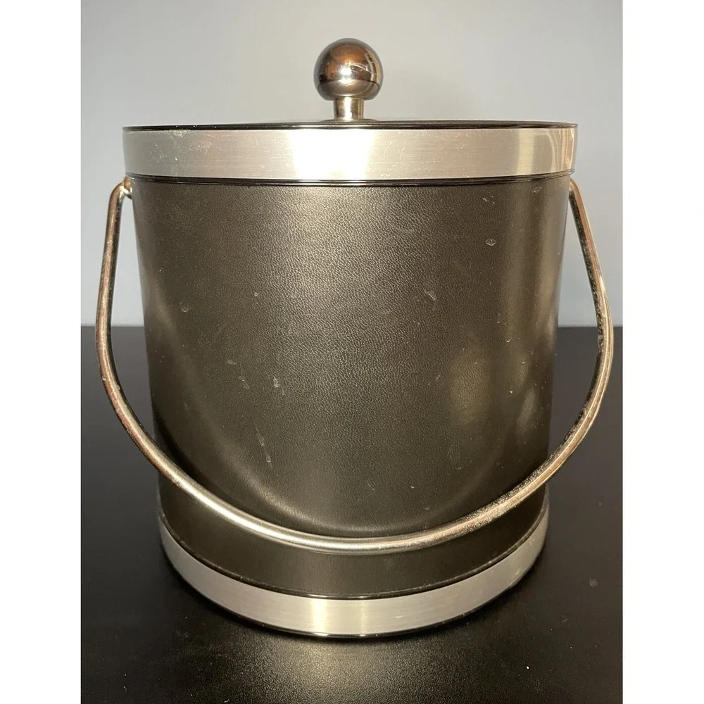 Kraftware Black Faux Leather Chrome Steel Ice Bucket Madmen Bar Cocktails