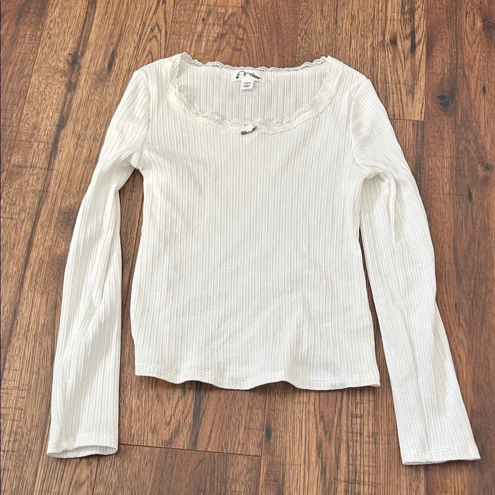 Target art class Girls White Ribbed Long Sleeve Top with Lace Trim