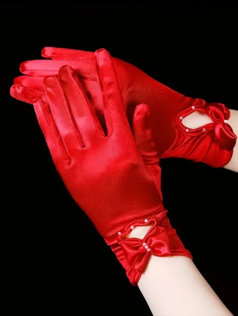 Elegant Red Satin Short Wrist Length Evening Gloves W/Bow & Faux Pearl Detail