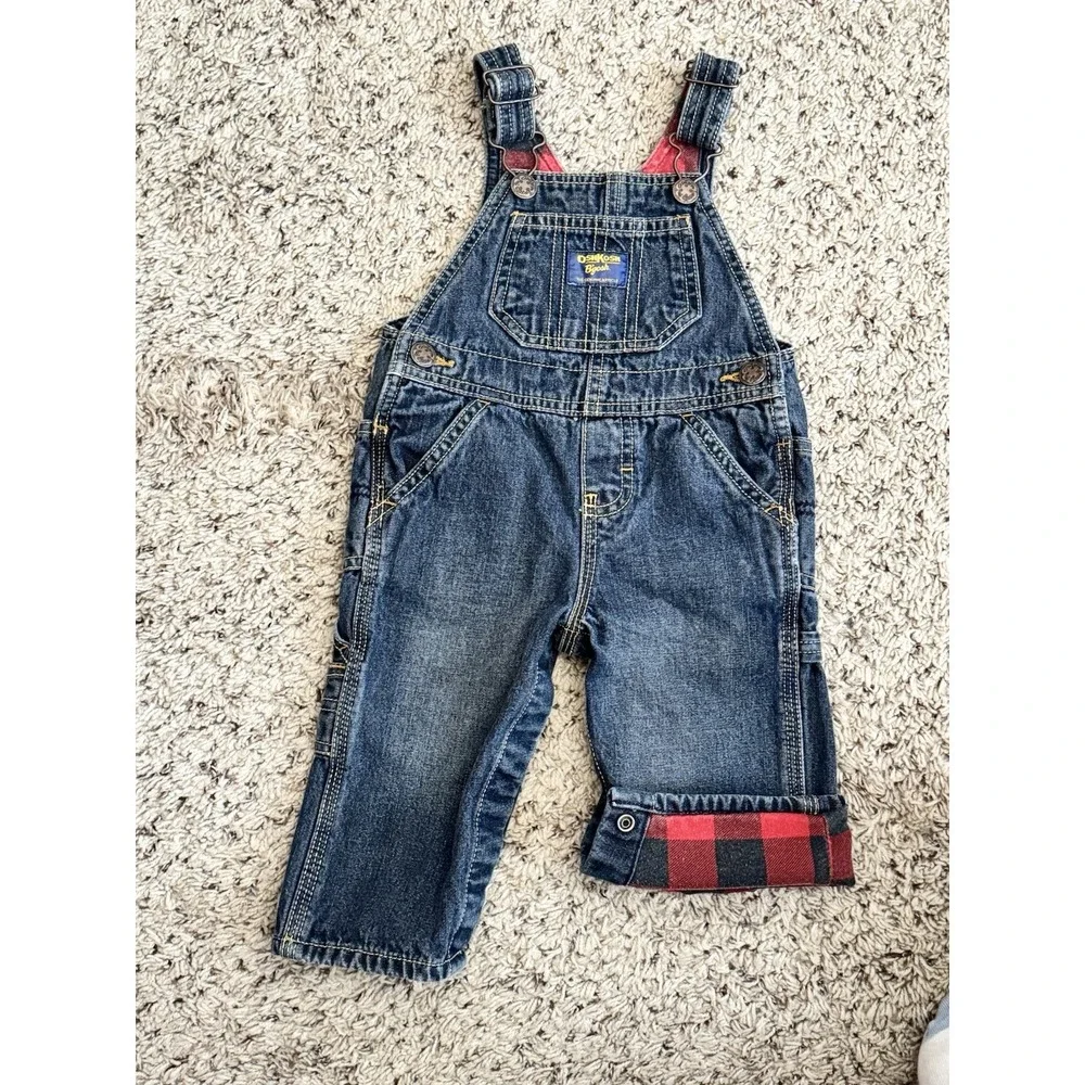 Oshkosh Denim Lined Red Plaid Overalls‎ Size 9 Months