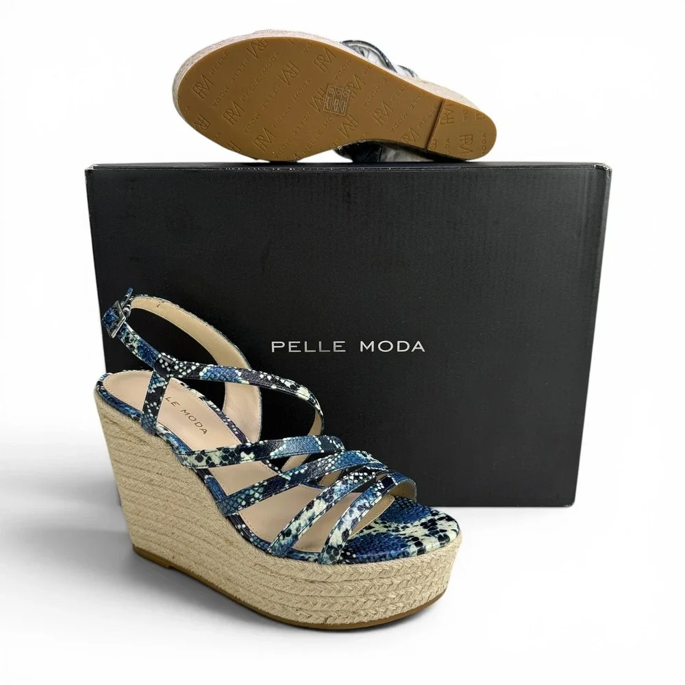 Pelle Moda Espadrille Wedge Sandals Platform Strappy Womens 6.5 M Blue Snakeskin