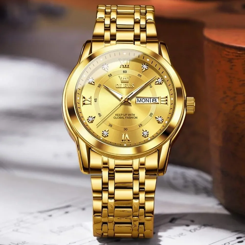 Olevs Men's Gold-Men Stainless Steel Man Watch with Date Luminous Stylish Watch