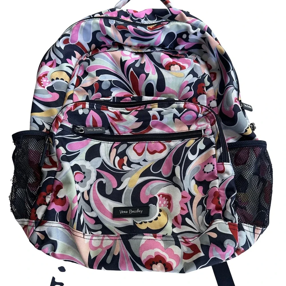 Vera Bradley Floral Paisley Canvas Backpack Pink Navy Grey Multi-Compartment