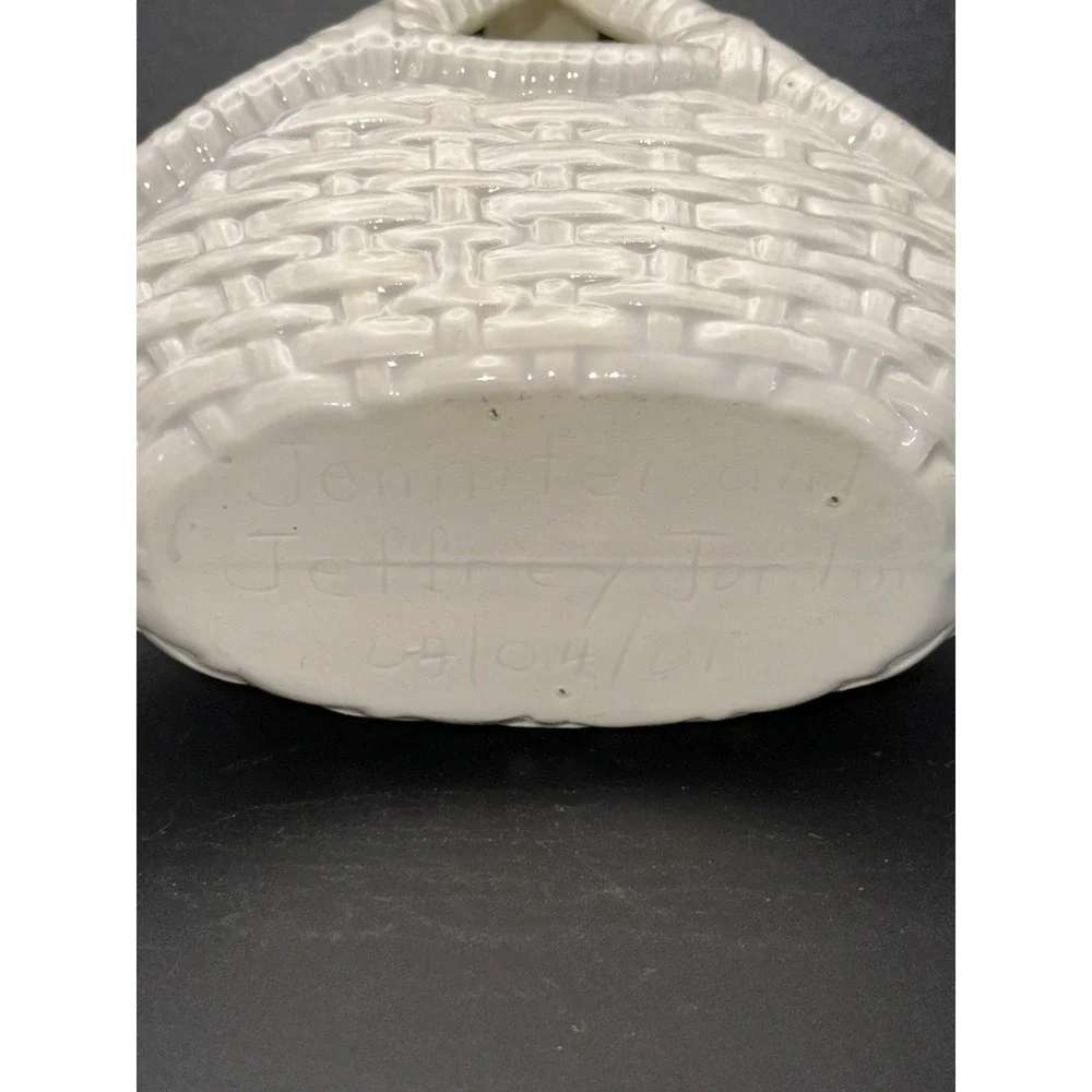 Vintage Handcrafted White Ceramic Woven Basket Bowl Jennifer Jeffrey Jordan 2001