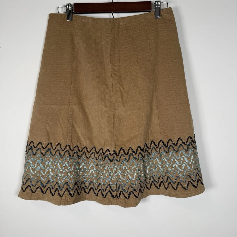 Boden US 6 Corduroy‎ Embroidered Skirt Tan Blue Zig Zig Lined Fall CottageCore