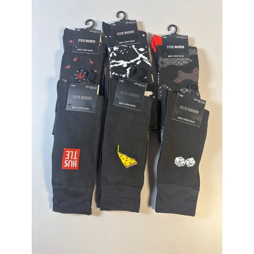 Steve Madden Mens Crew Socks 6 Pack Novelty Patterns Shoe‎ Size 6-12.5
