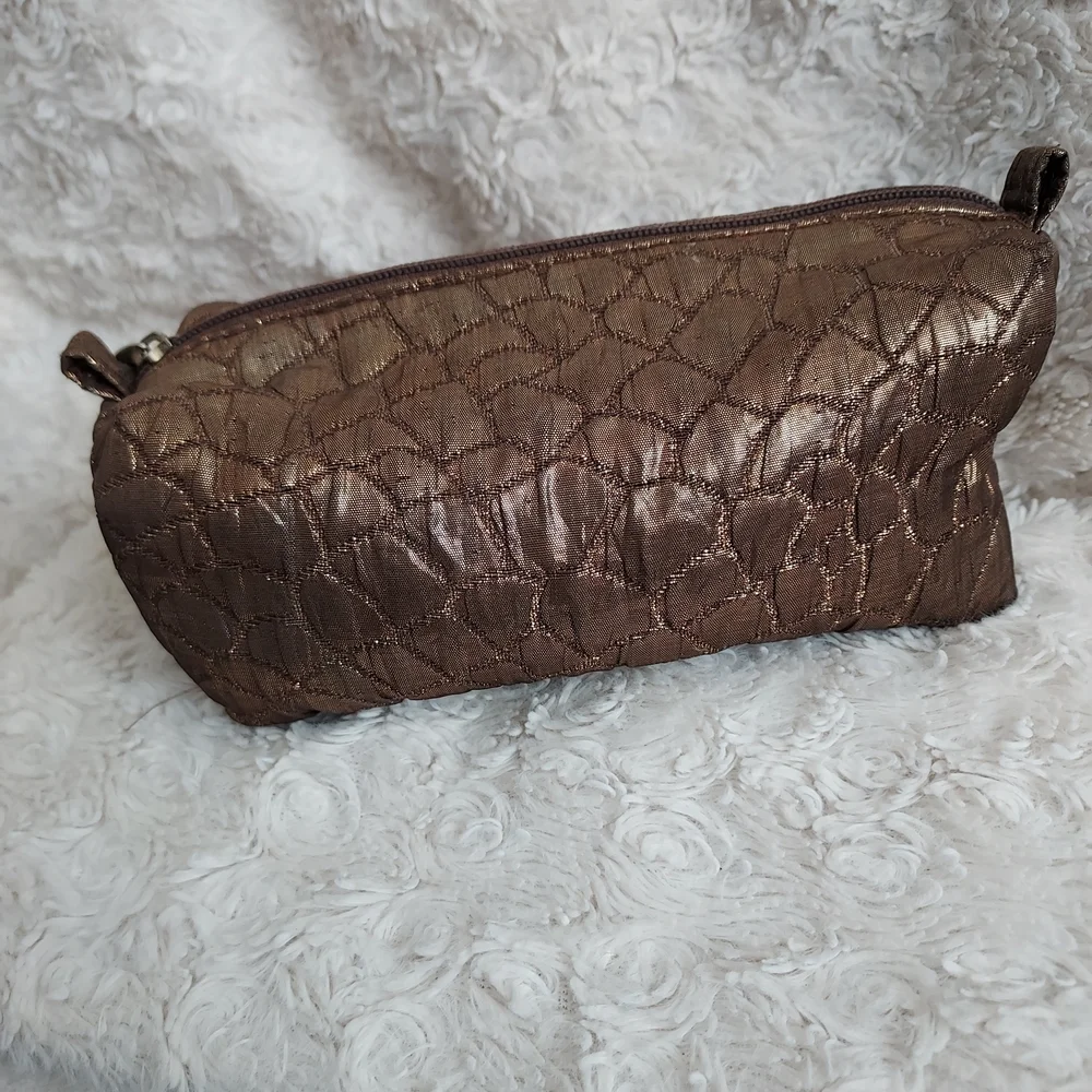 Chic Lancome Bronze Brown Quilted Textured Cosmetic Bag Metallic