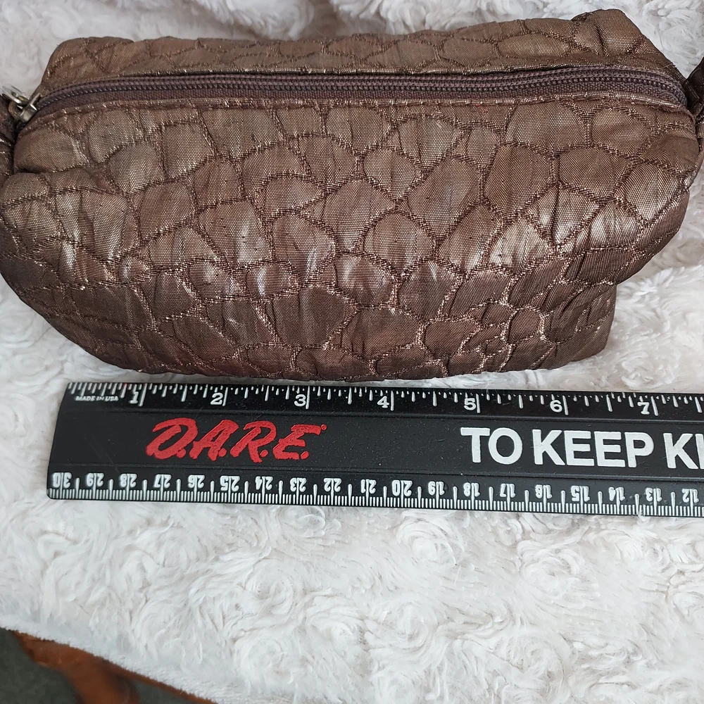 Chic Lancome Bronze Brown Quilted Textured Cosmetic Bag Metallic