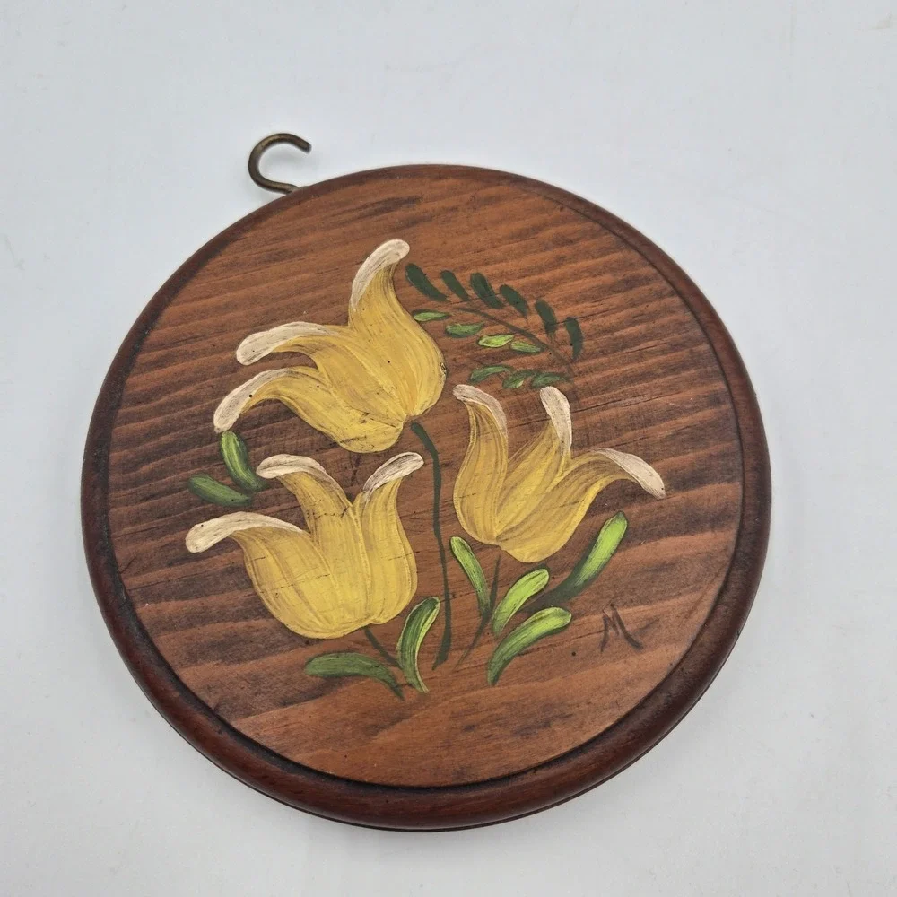 VTG Tole Hand Painted Grannycore Wooden‎ Wall Decor Hanging Yellow Flower Art