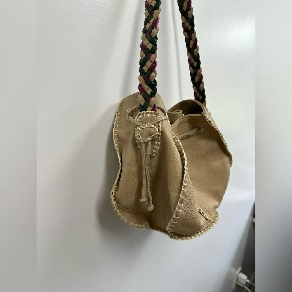 Valerie Steven’s Beige Leather Small Bucket Shoukder Bag Braided Leather Strap