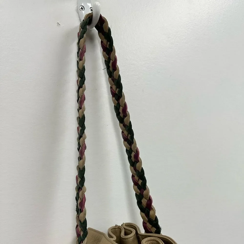 Valerie Steven’s Beige Leather Small Bucket Shoukder Bag Braided Leather Strap