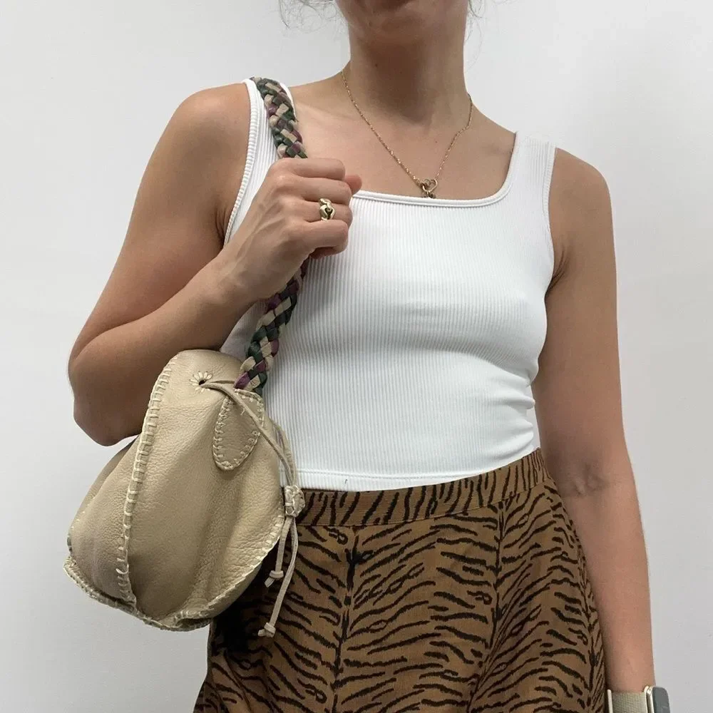 Valerie Steven’s Beige Leather Small Bucket Shoukder Bag Braided Leather Strap