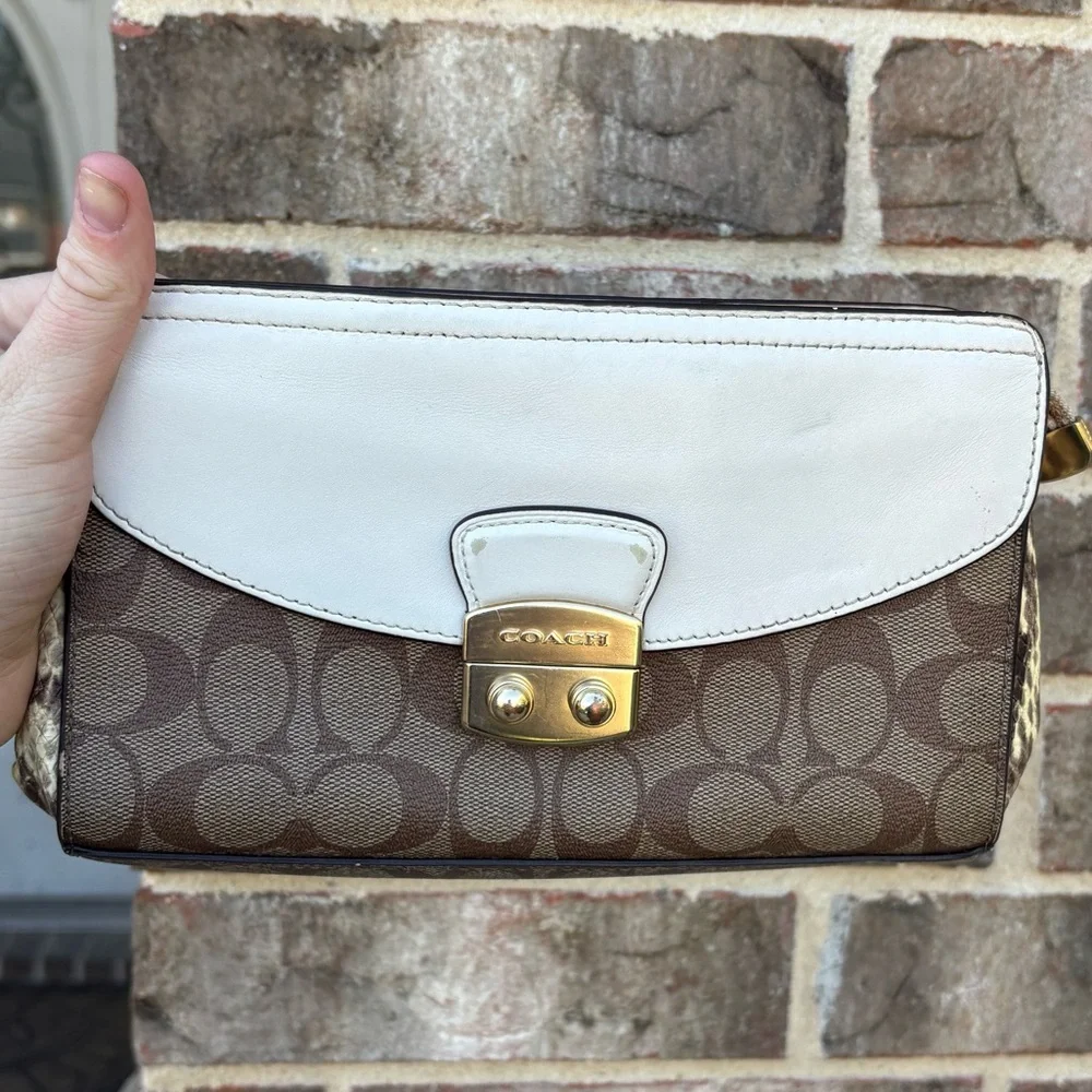 Coach Brown Signature Canvas Clutch with White Flap