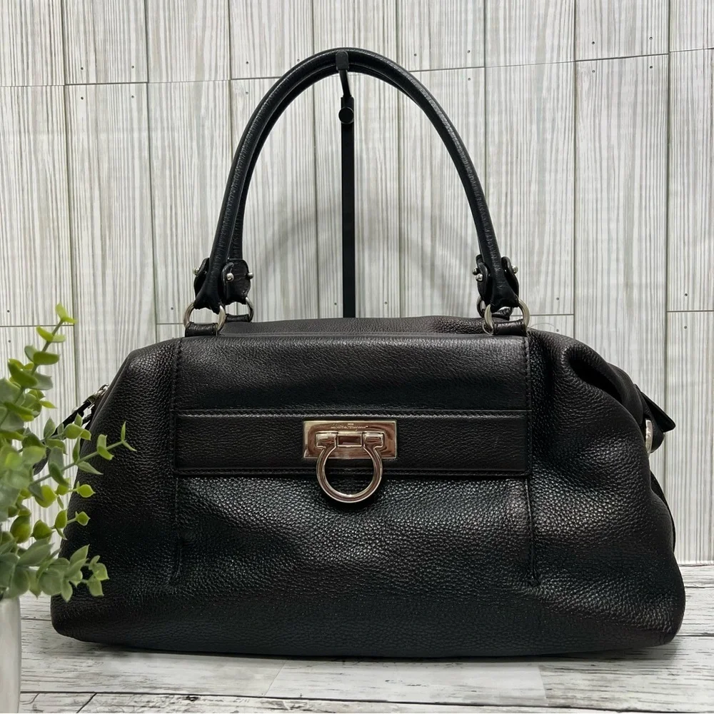 Salvatore Ferragamo Black Pebbled Leather Satchel Tote Bag Top Handle Purse