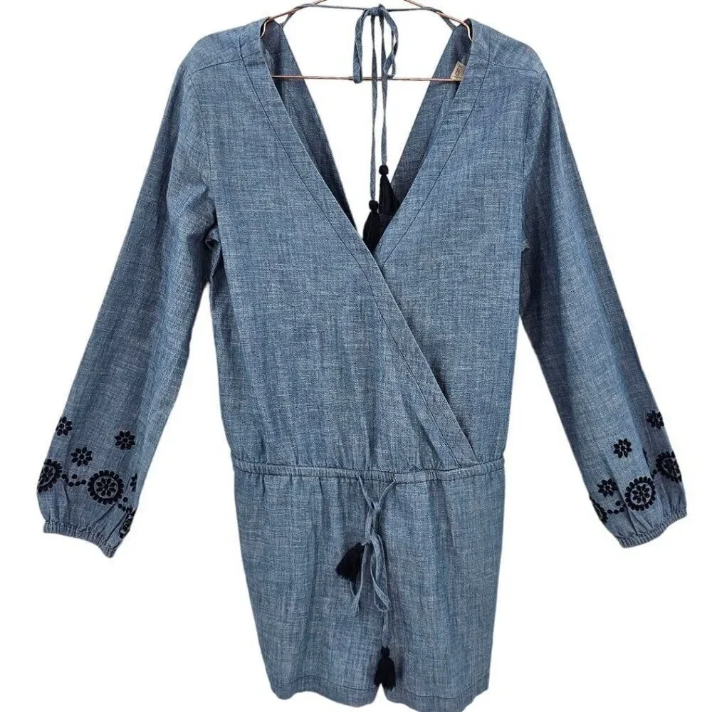 Loft Beach Womens S Blue Cotton Long Sleeve Shorts Romper