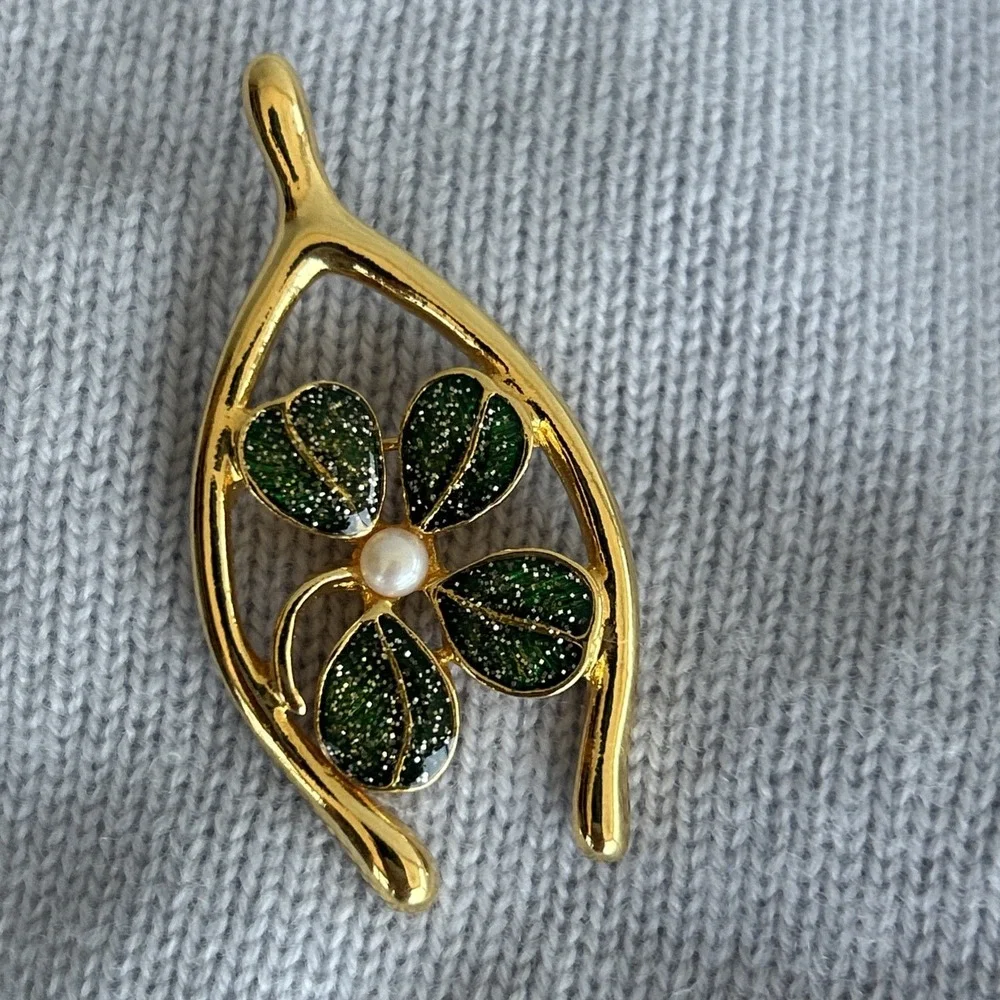 Vtg JJ Jonette Jewelry Four‎ Leaf Good Luck Clover Shamrock Brooch Pin Enameled