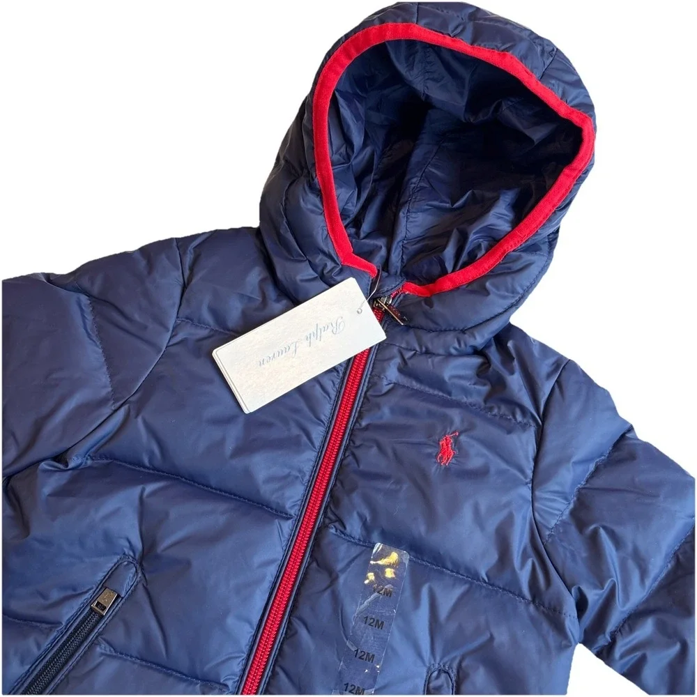 POLO RALPH LAUREN Down Puffer Jacket Blue/Red Trim‎ Water Repellent Size 12 M