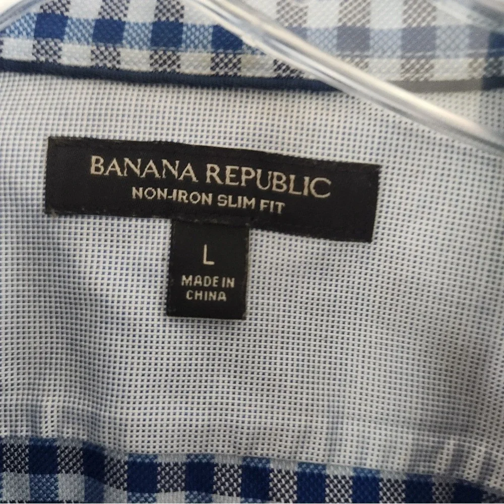Banana Republic Mens Large Blue Check Button Down Non Iron Slim Fit Shirt Cotton