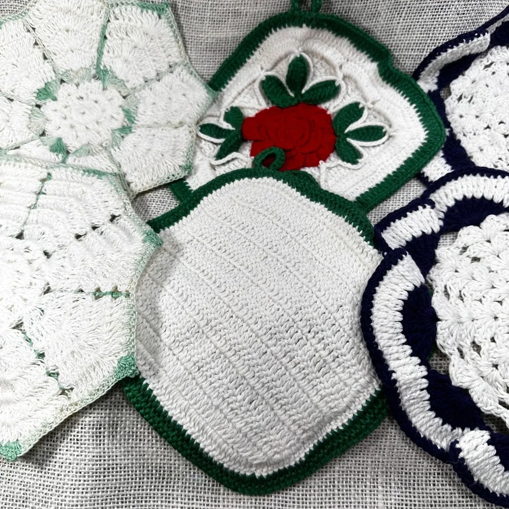 Vintage Handmade Crochet Potholder Set 6pc Red Rose Navy Blue Mint Green Floral