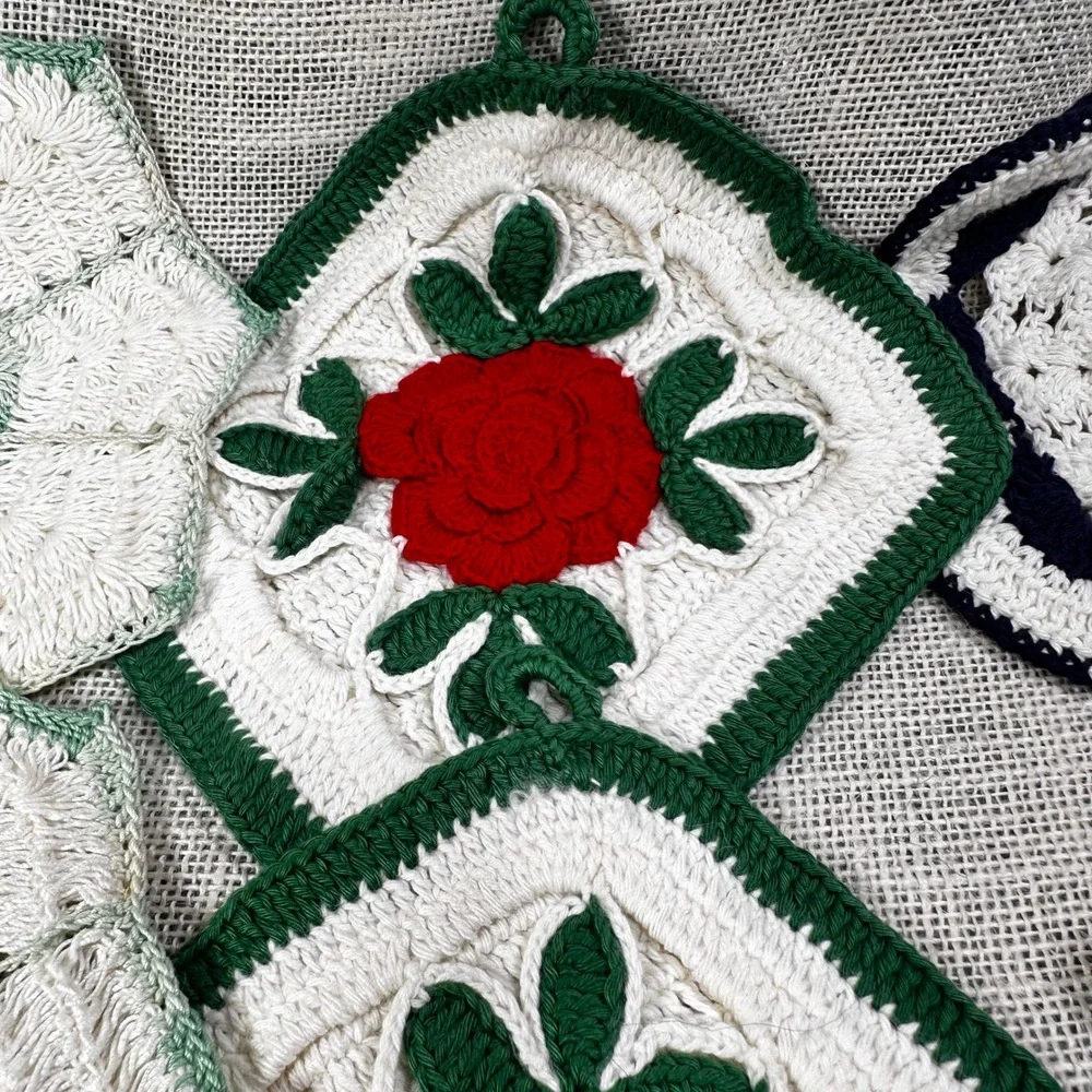 Vintage Handmade Crochet Potholder Set 6pc Red Rose Navy Blue Mint Green Floral