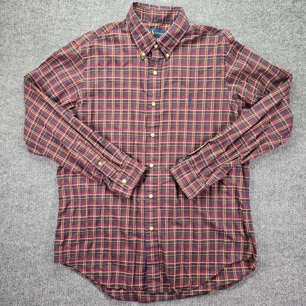Polo Ralph Lauren Shirt Mens Large Burgundy Yellow Plaid Pony Long Sleeve Casual