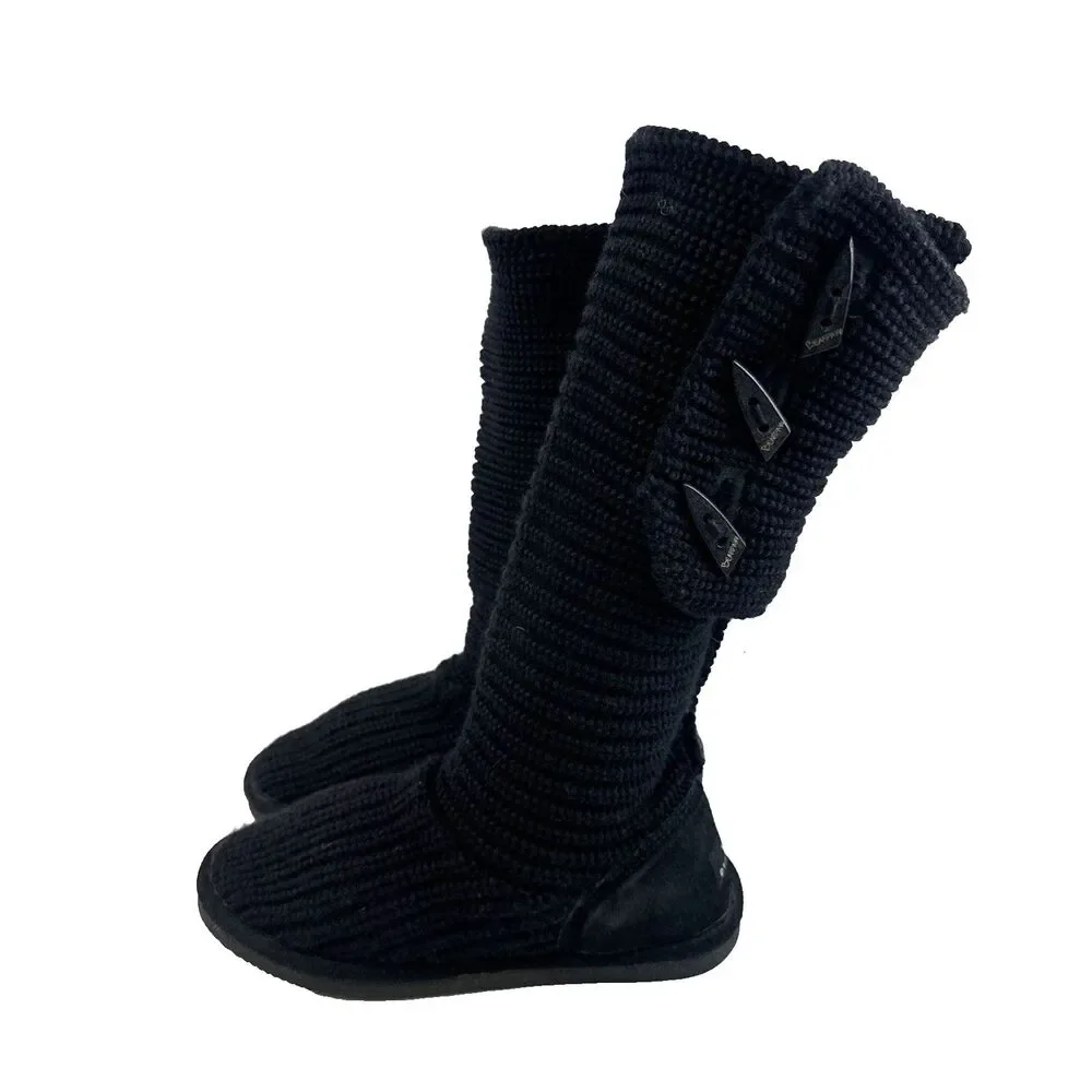 Bearpaw Knit Tall Boot Black Sheepskin Stretch Button Foldover Pull On Womens 9