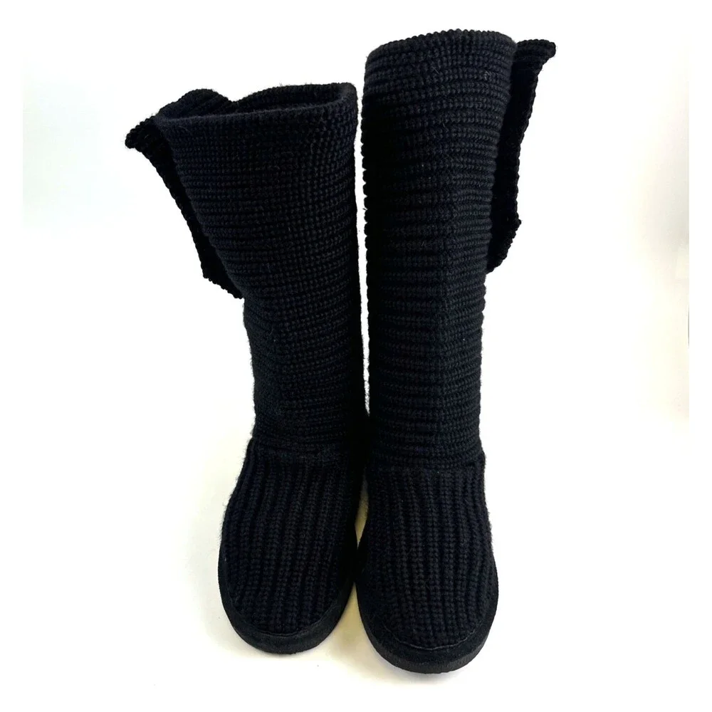 Bearpaw Knit Tall Boot Black Sheepskin Stretch Button Foldover Pull On Womens 9