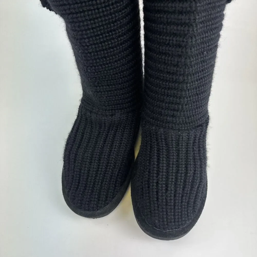 Bearpaw Knit Tall Boot Black Sheepskin Stretch Button Foldover Pull On Womens 9