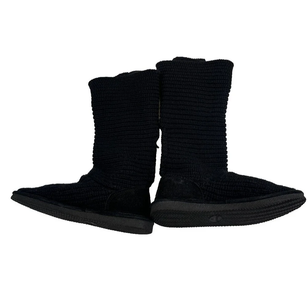 Bearpaw Knit Tall Boot Black Sheepskin Stretch Button Foldover Pull On Womens 9