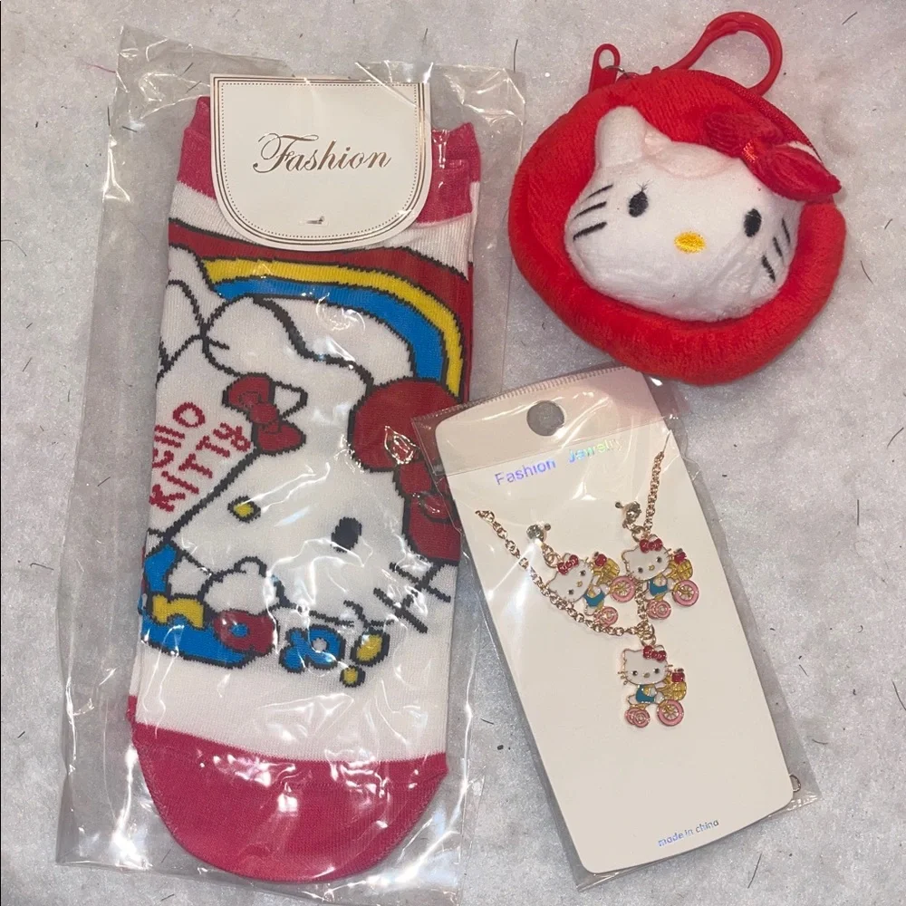 Hello Kitty Kids Socks coin purse, Necklace Set - Red, White nwt