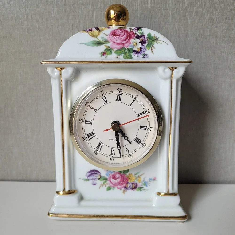 Vintage Porcelain Mantel Clock - Floral Chintz & Gold Trim - Tested & Working