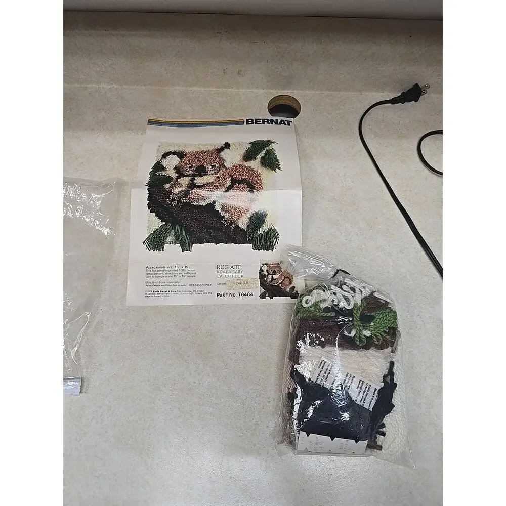 Vintage 1979 Bernat Koala Baby Latch Hook Kit Rug Art 15x15 Retro Wall Decor DIY