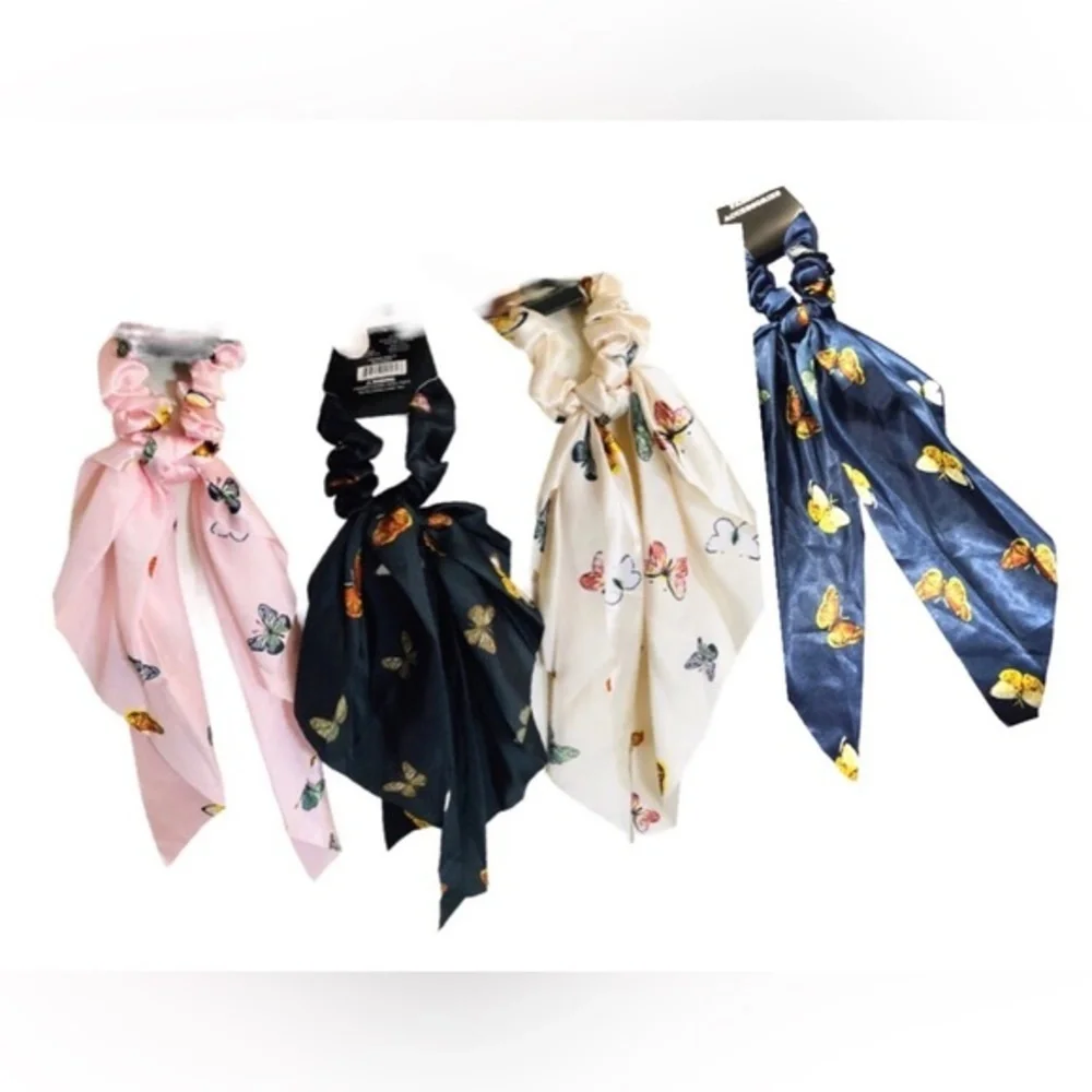 4 Butterfly print satin look black, pink, blue‎ ivory hair scrunchie scarves new