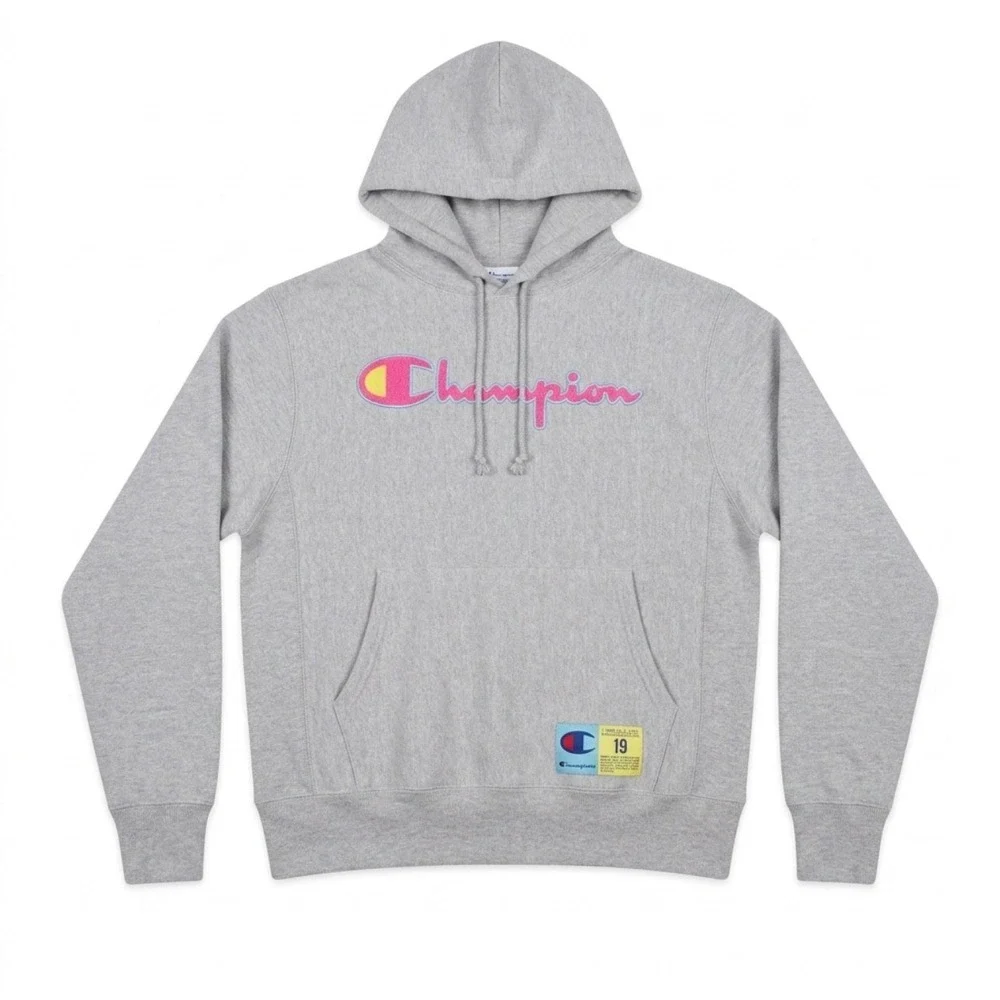 Champion Reverse Weave Hoodie Chenille GF68 neon pink logo unisex Med grunge