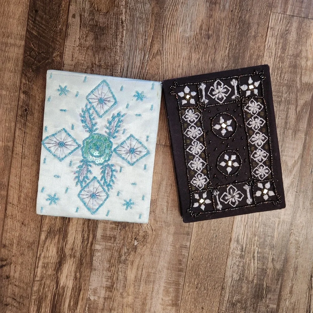 Vintage‎ Style Beaded Embroidered Fabric Journal Set Gray Blue 2pc Blank Pages