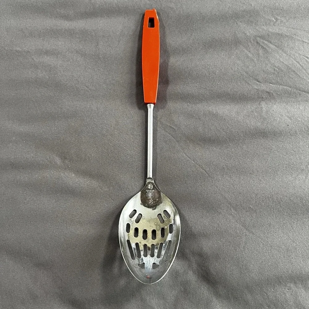 Vintage Ekco USA Slotted Stainless Serving Spoon Orange‎ Handle 12
