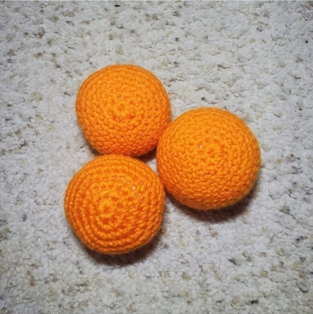3 non squeaky balls. Homemade no pop crochet balls for toddlers, puppy, cats