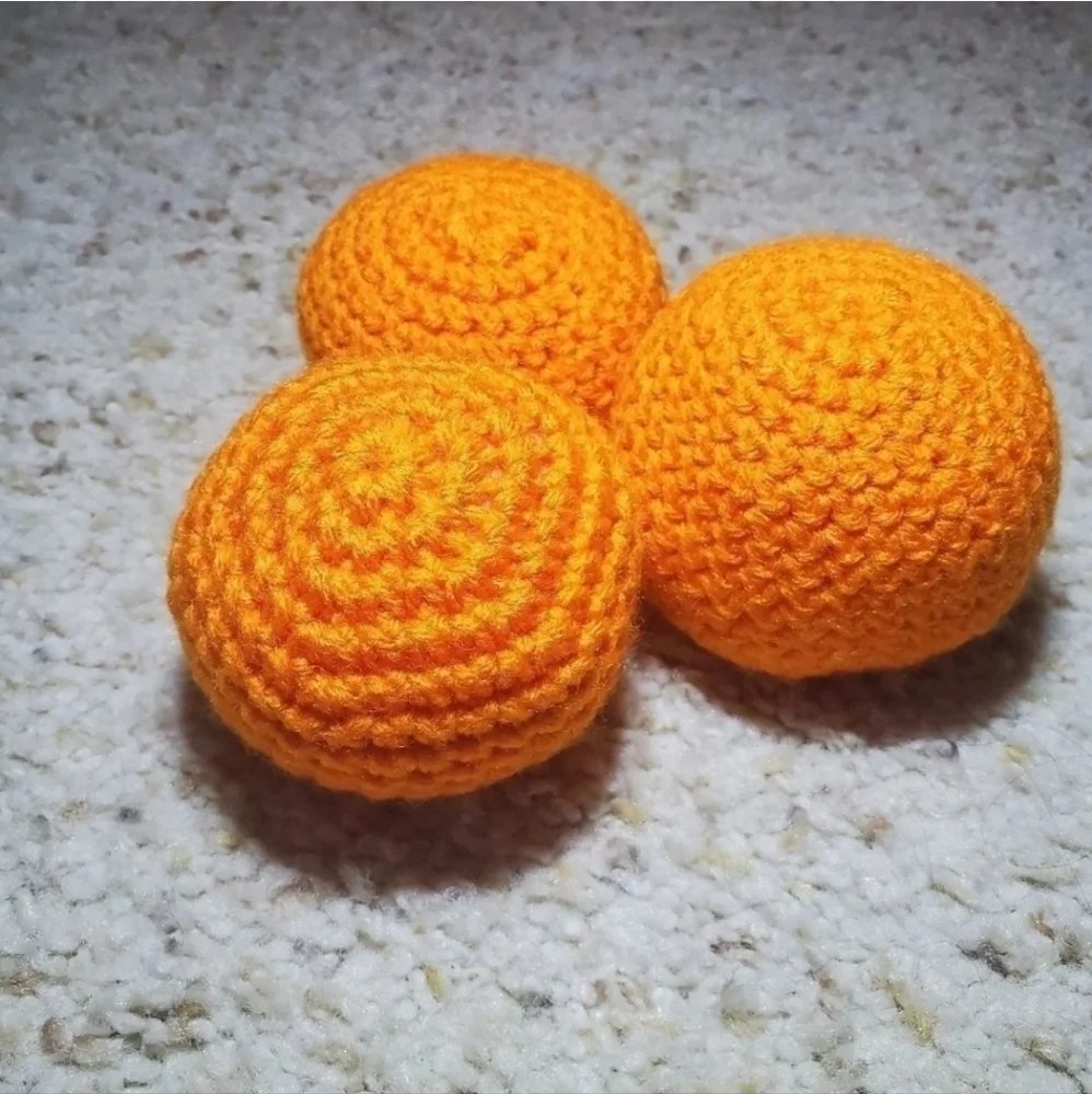 3 non squeaky balls. Homemade no pop crochet balls for toddlers, puppy, cats