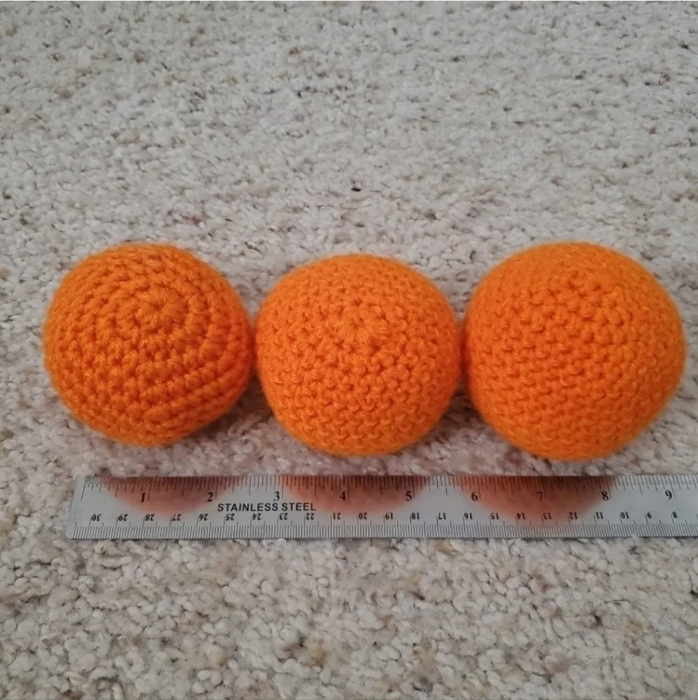 3 non squeaky balls. Homemade no pop crochet balls for toddlers, puppy, cats