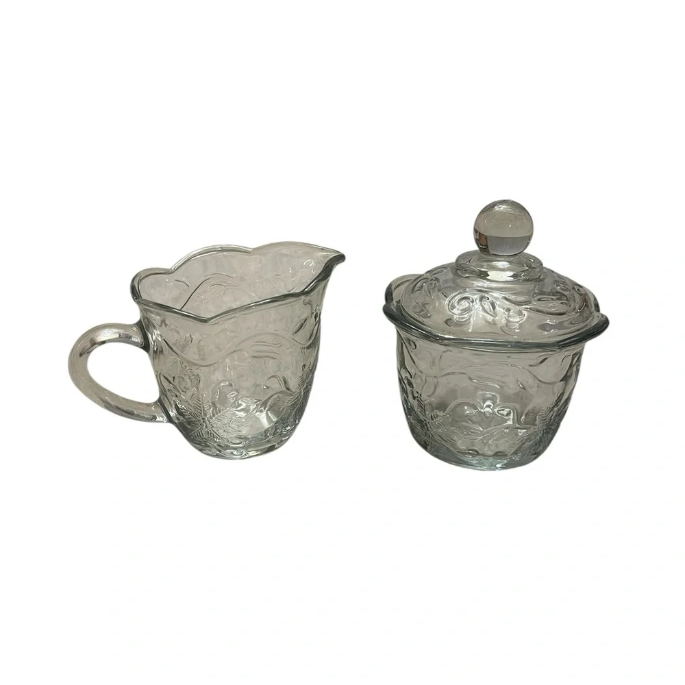 Princess House Vintage Fantasia Crystal Clear Creamer & Sugar Bowl with Lid Set