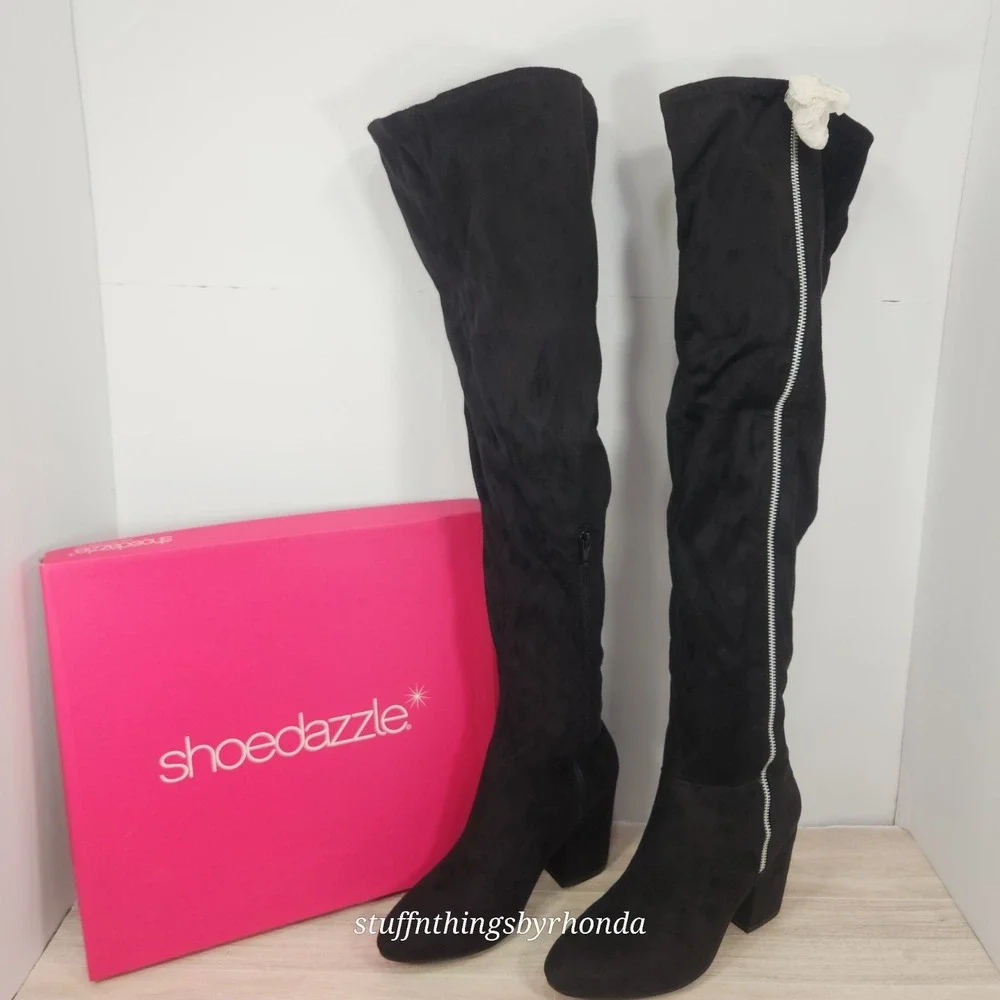 New In Box SHOEDAZZLE NEVAEH Thigh High Boots Over Knee Zip BLACK US 9 / EU 40